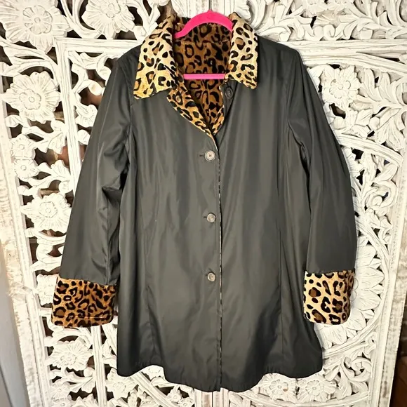 Dennis Basso Leopard Print Button Down Coat Jacket Animal Print Reversible 1X
