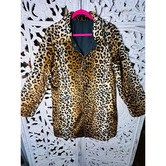 Dennis Basso Leopard Print Button Down Coat Jacket Animal Print Reversible 1X