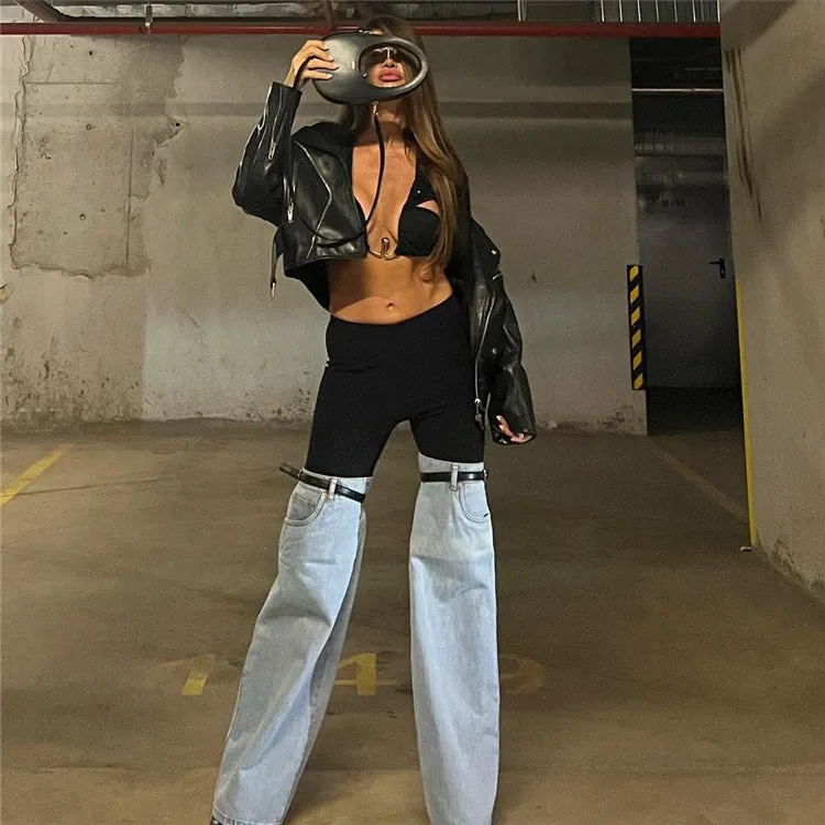 Designed High Waist Denim Wide Legs Pants