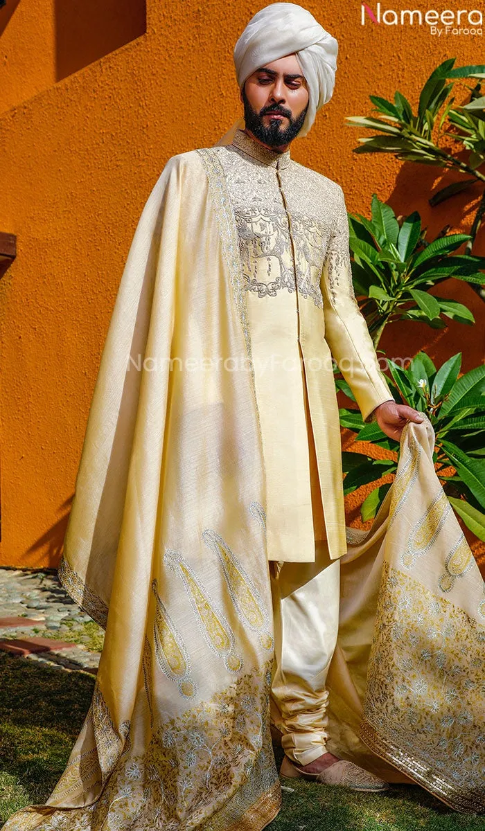 Designer Raw Silk Sherwani for Dulha with Turban #GN43