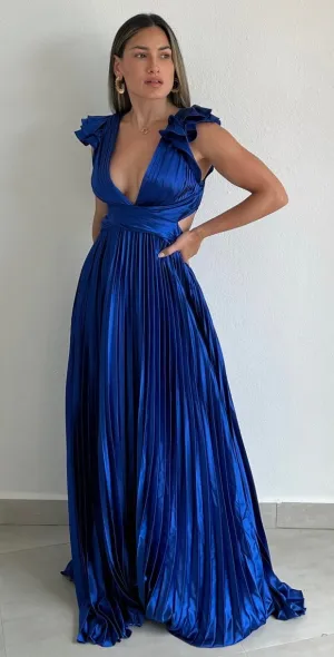 Devoted to Beauty Royal Blue Ruffle & Plated Maxi Dress