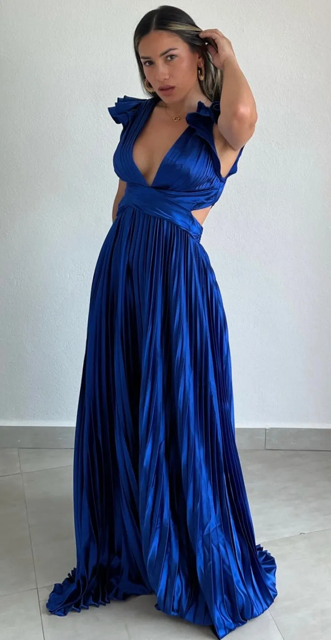 Devoted to Beauty Royal Blue Ruffle & Plated Maxi Dress