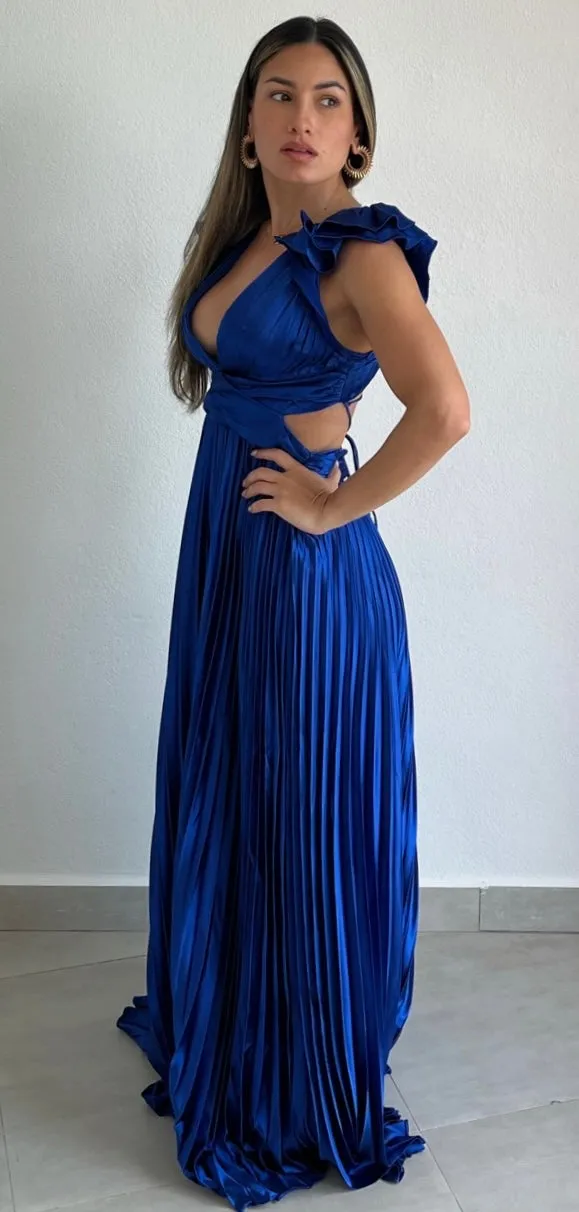 Devoted to Beauty Royal Blue Ruffle & Plated Maxi Dress