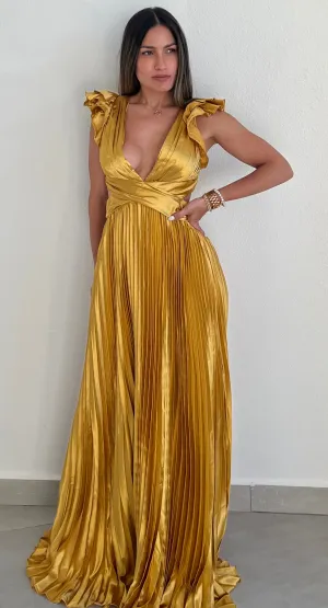 Devoted to Beauty Yellow Ruffle & Plated Maxi Dress