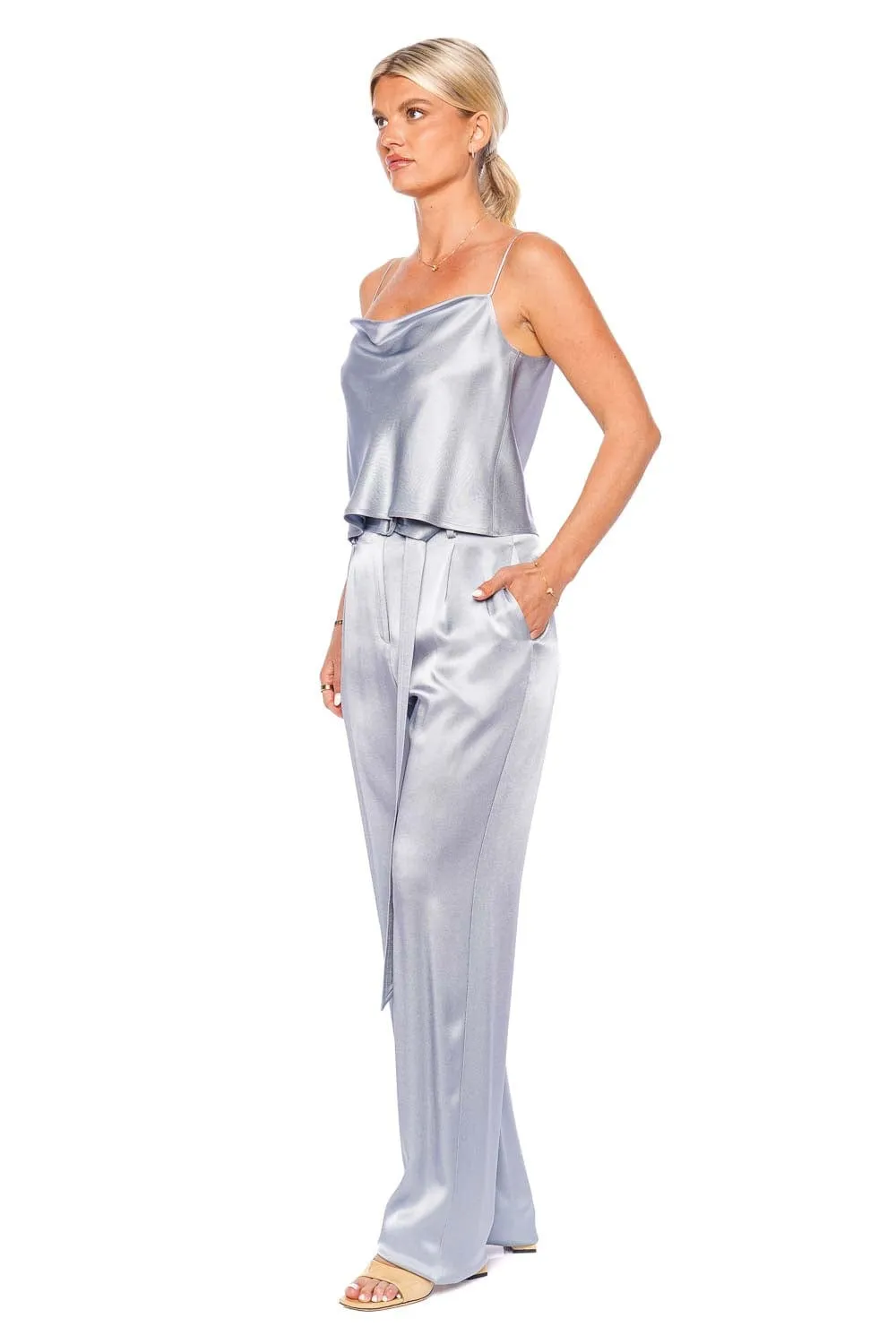 Dove Satin High Waisted Belted Pant