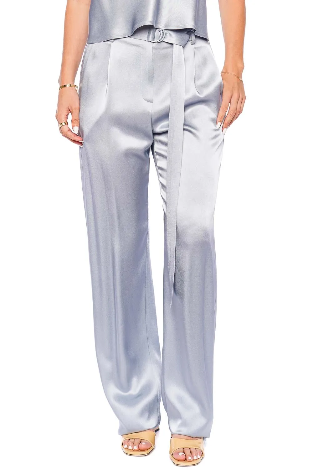 Dove Satin High Waisted Belted Pant