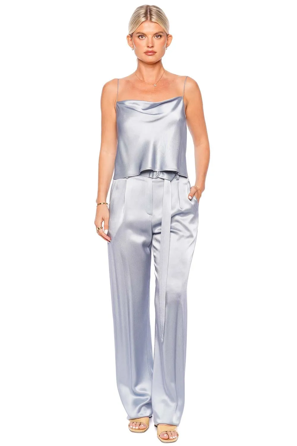 Dove Satin High Waisted Belted Pant