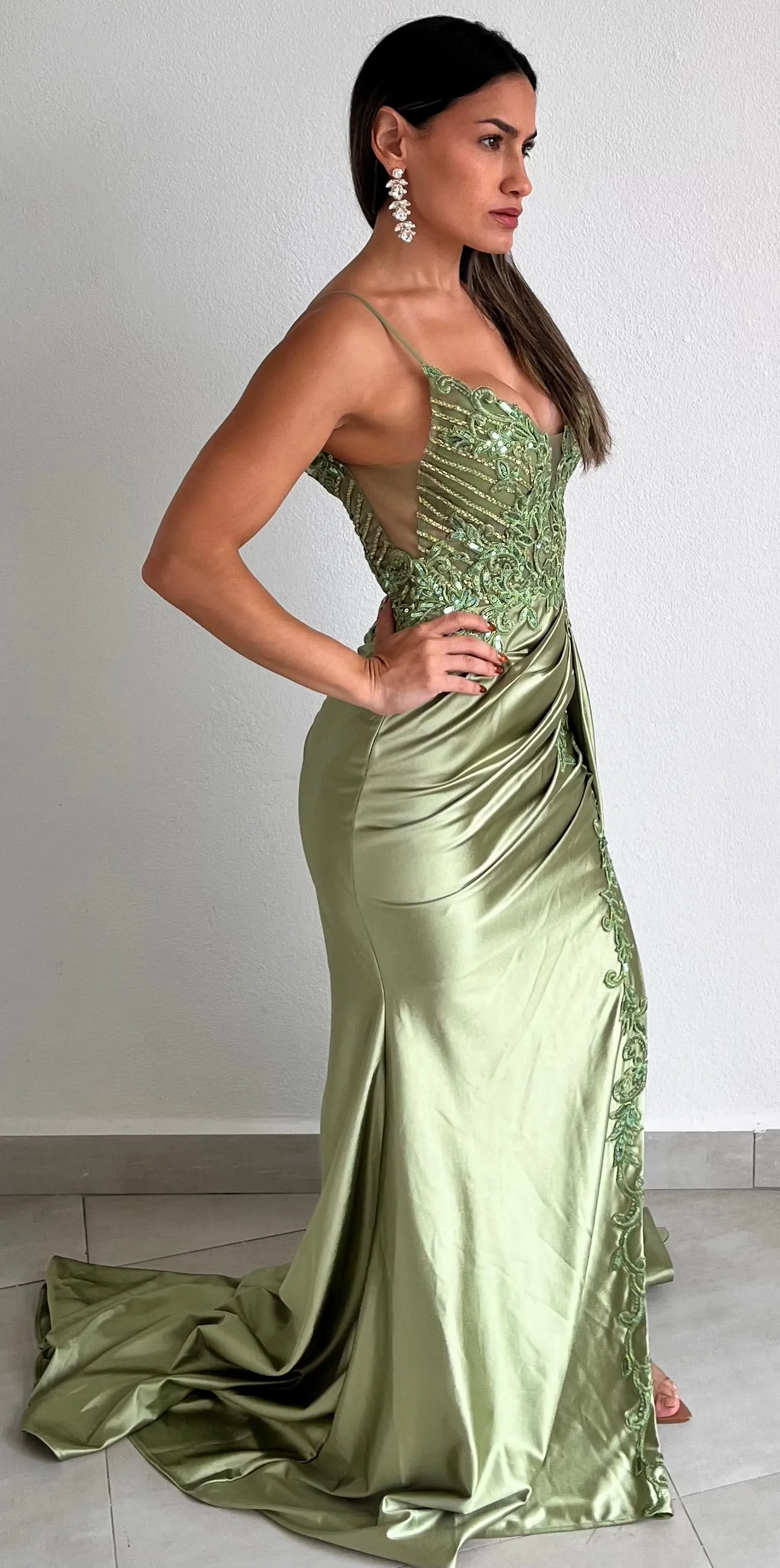 Dreaming in Green Lace Satin Formal Gown