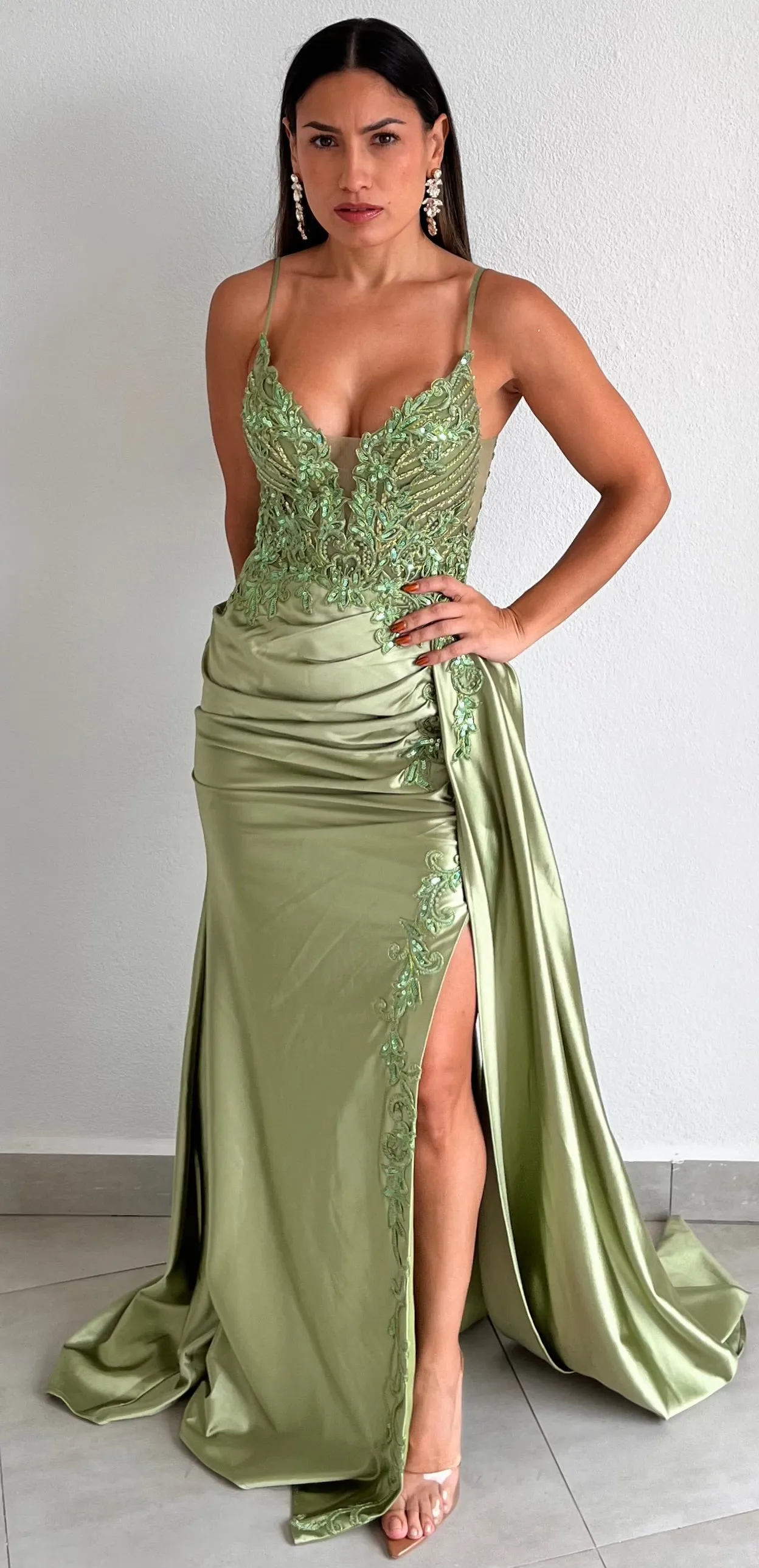 Dreaming in Green Lace Satin Formal Gown