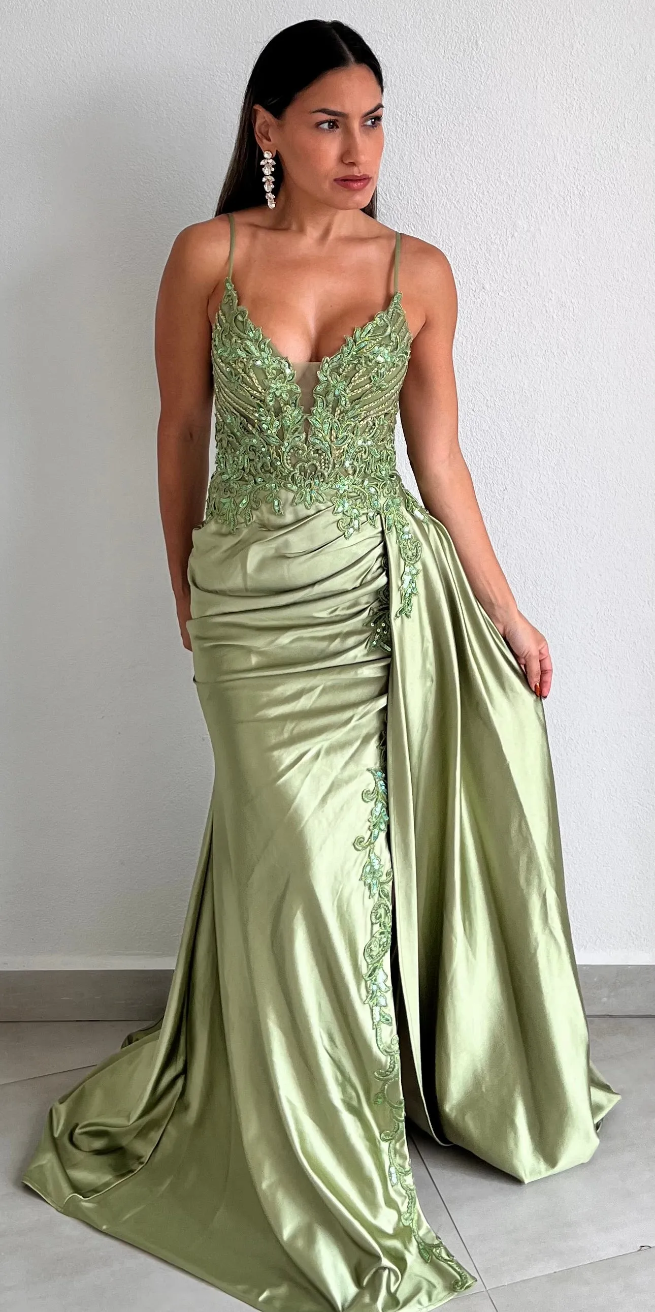 Dreaming in Green Lace Satin Formal Gown