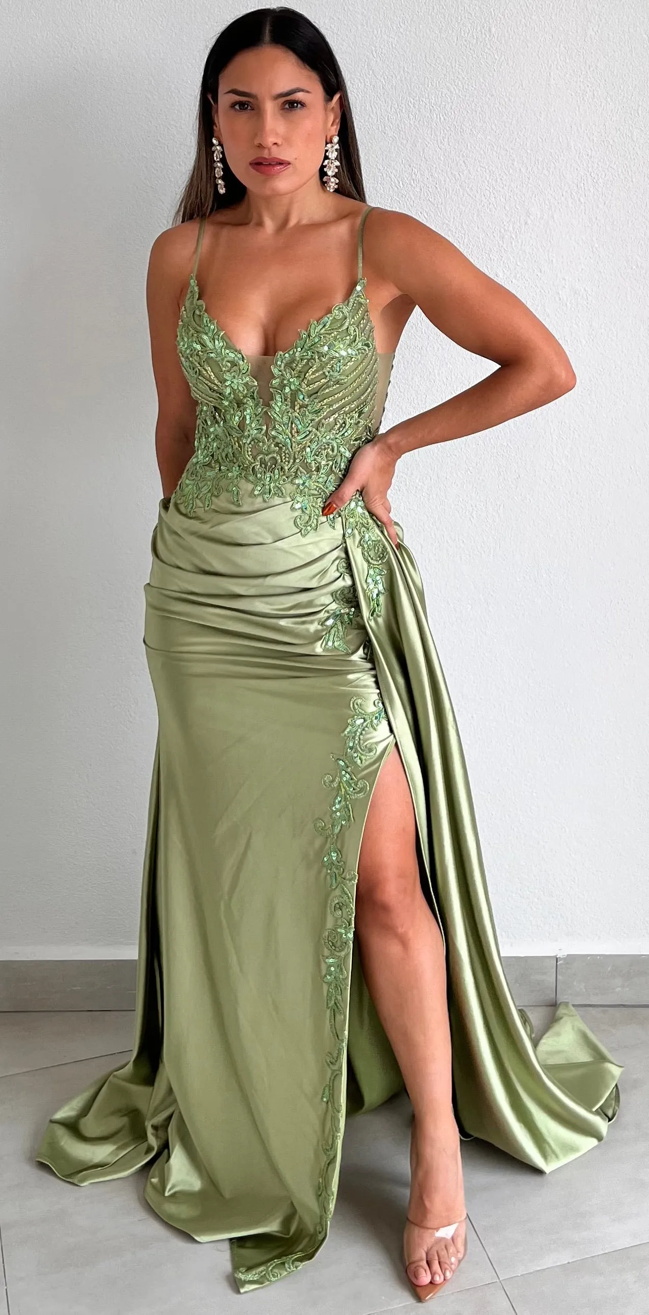 Dreaming in Green Lace Satin Formal Gown