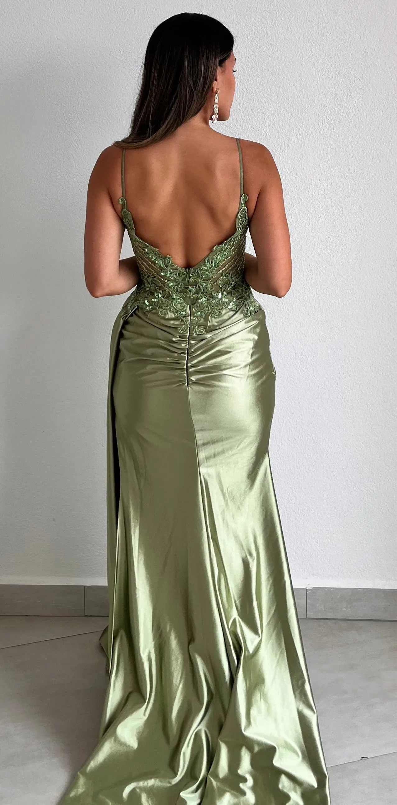 Dreaming in Green Lace Satin Formal Gown
