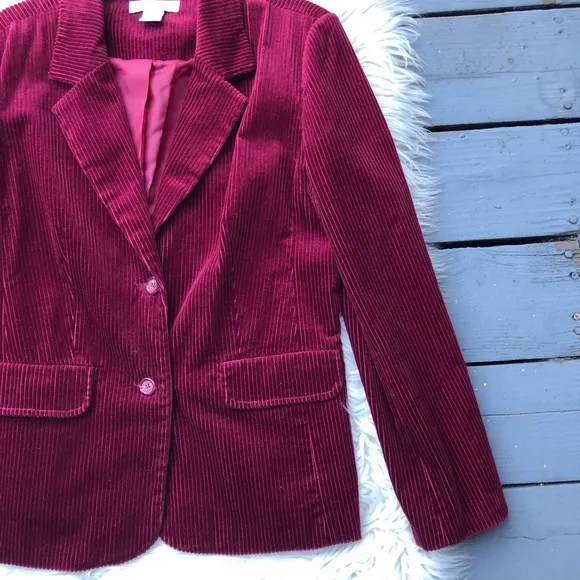 Dressbarn Corduroy Velour Burgundy Notched Collar Women Blazer Jacket size M