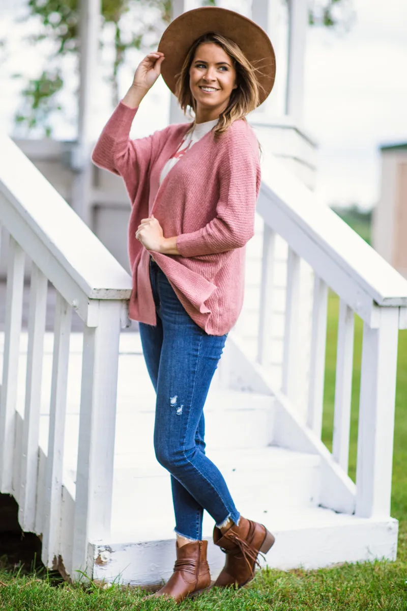 Dusty Rose Melange Dolman Sleeve Cardigan