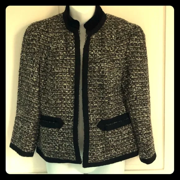 Eccoci * Etcetera Gray Taupe Tweed Bouclé Jacket Black Velvet Collar &amp; Trim 6