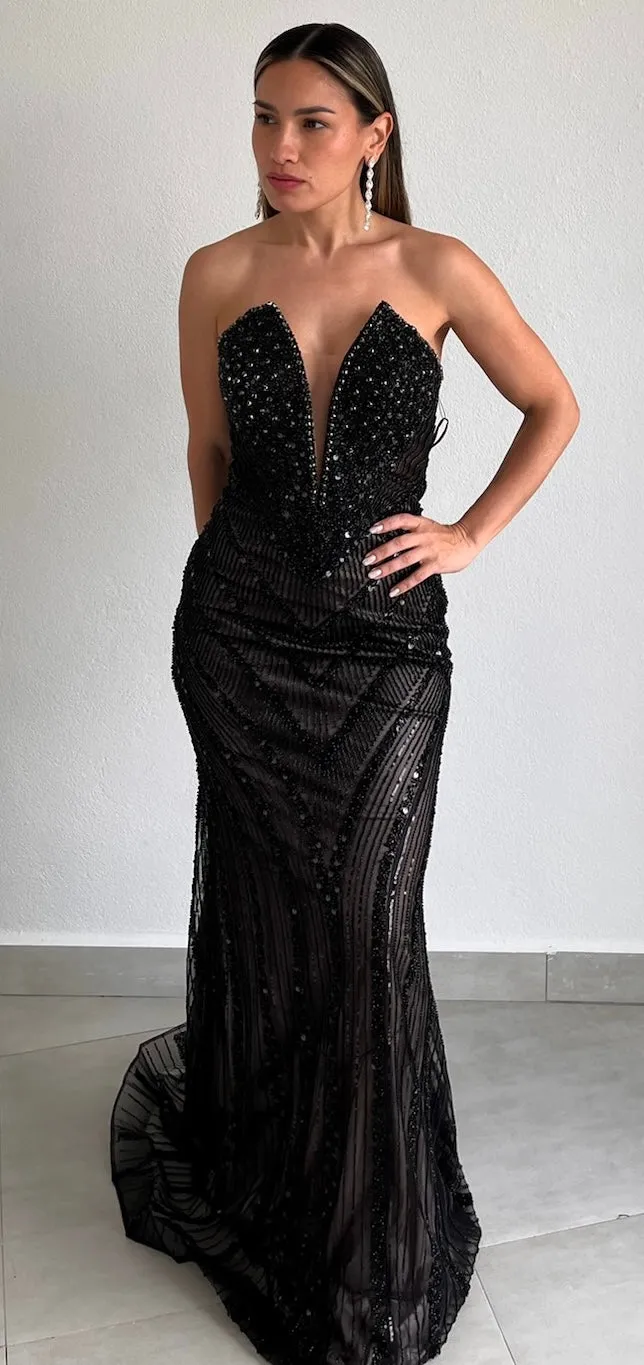 Elaborate Glam Black Beaded Formal Gown