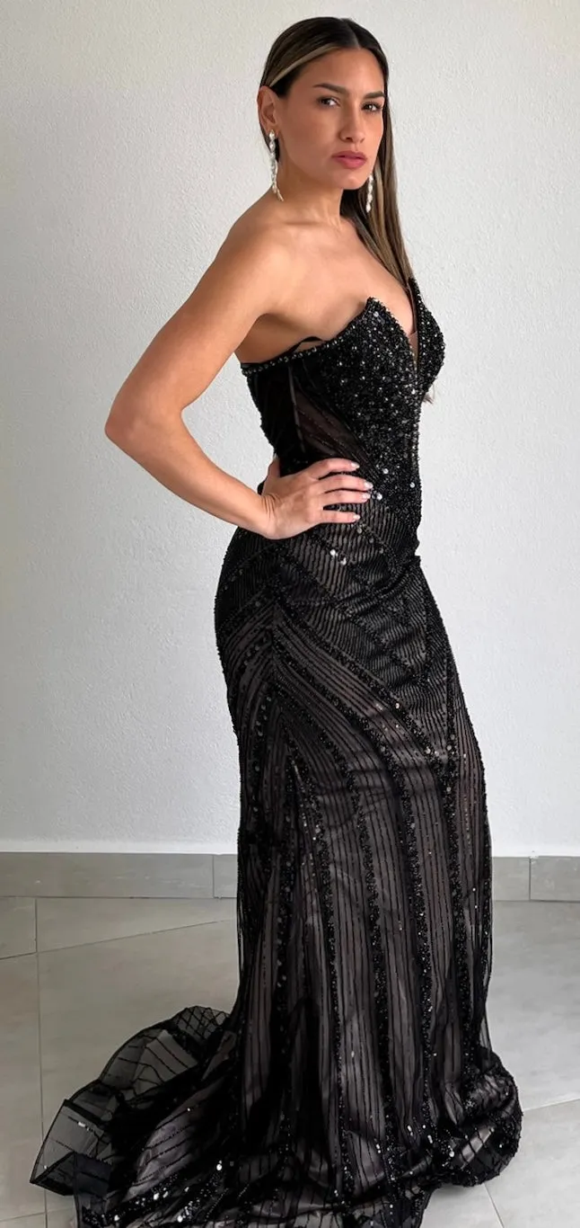 Elaborate Glam Black Beaded Formal Gown