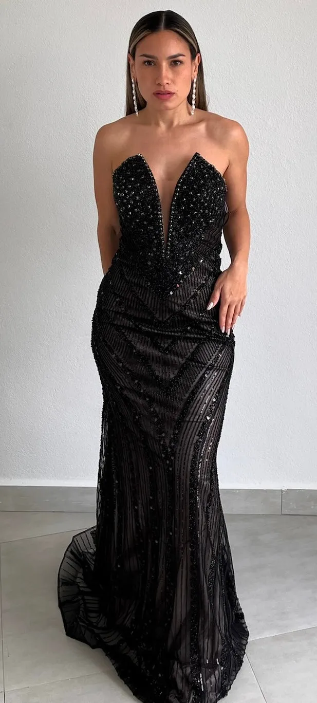 Elaborate Glam Black Beaded Formal Gown