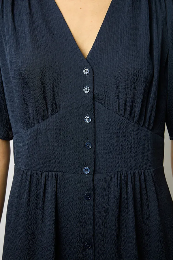ELONIE NAVY SMOCKED WAISTED MIDI DRESS