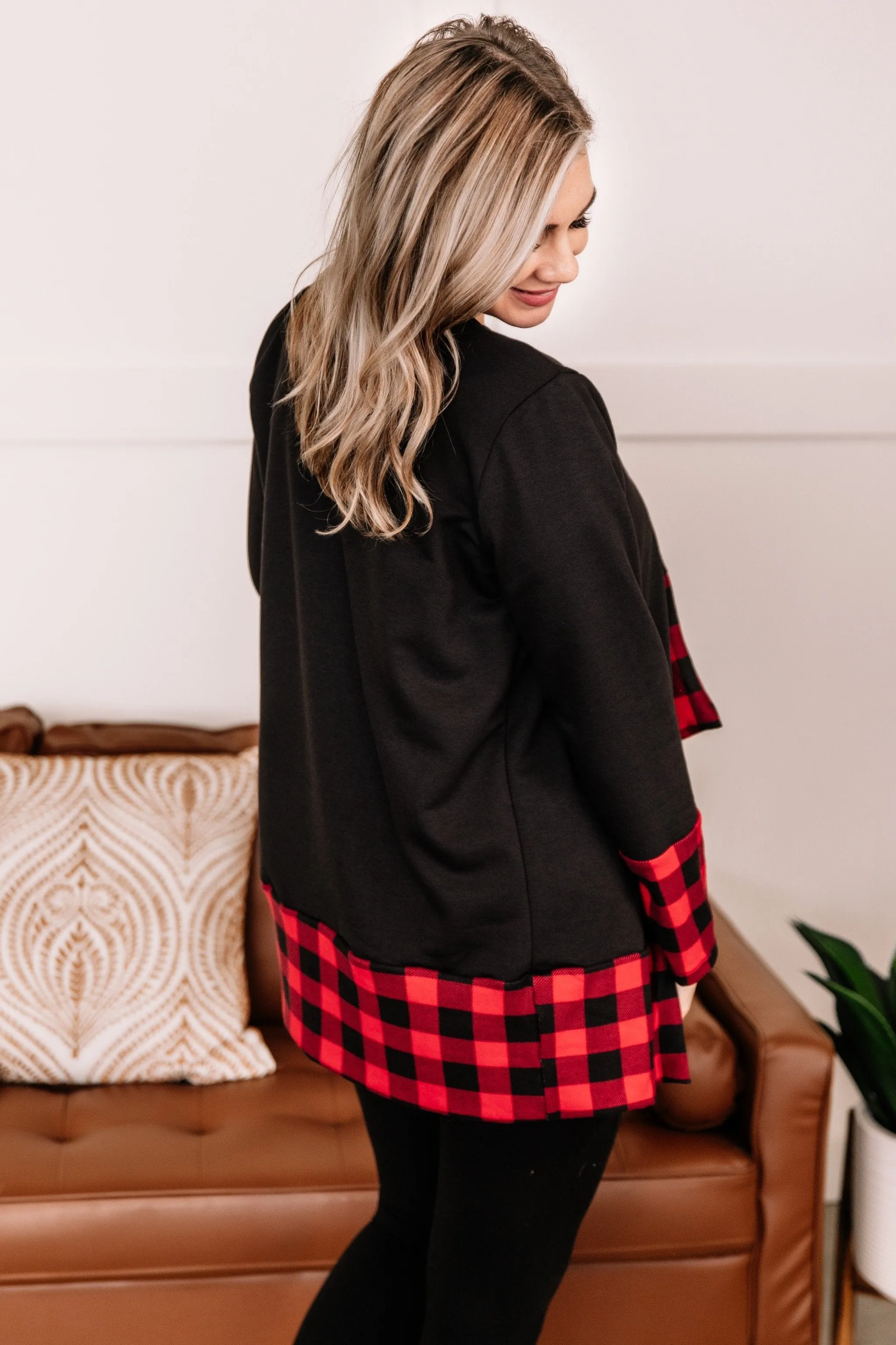 Every Time You Come Around Red Plaid Trimmed Cardigan