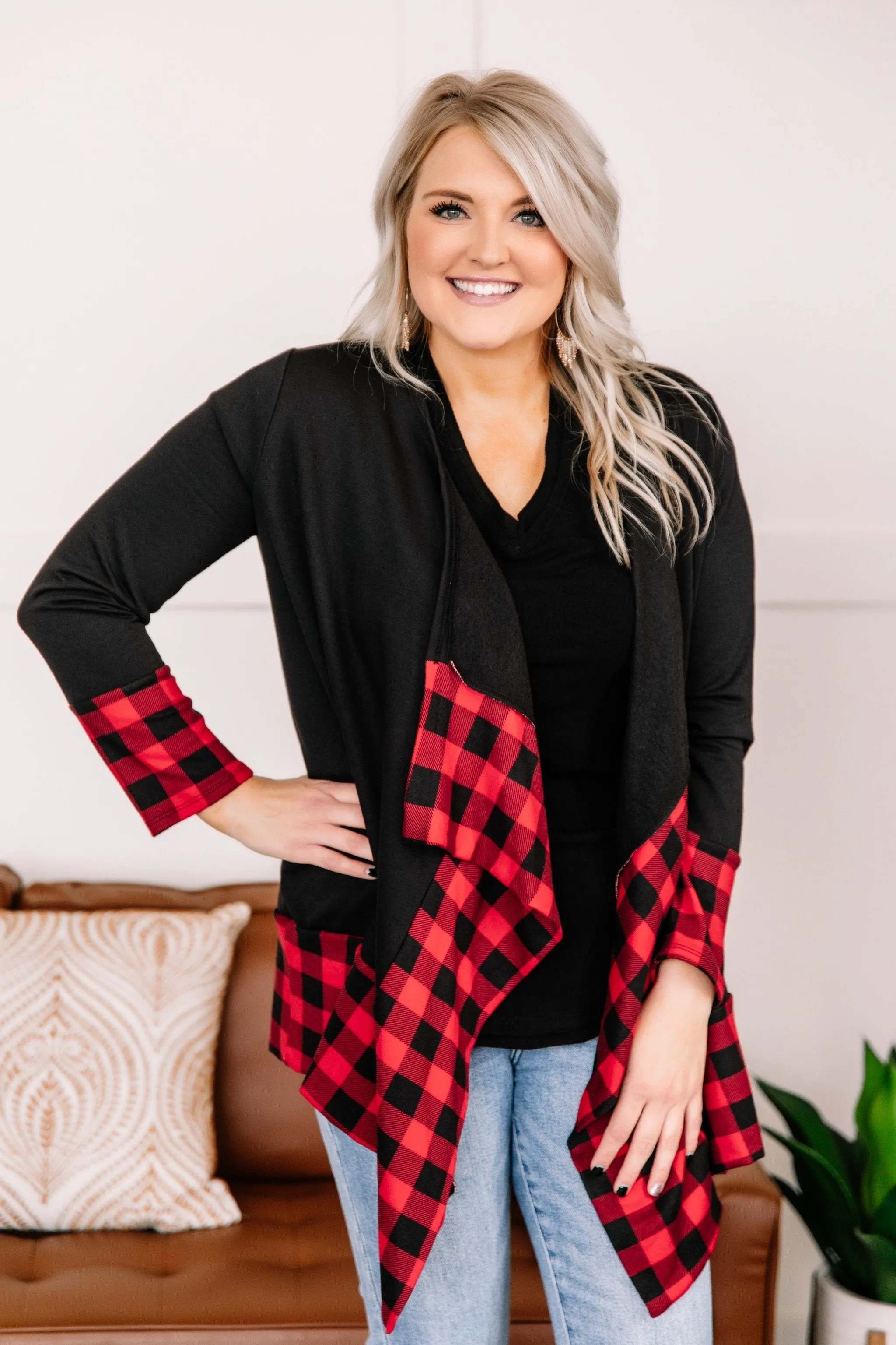 Every Time You Come Around Red Plaid Trimmed Cardigan