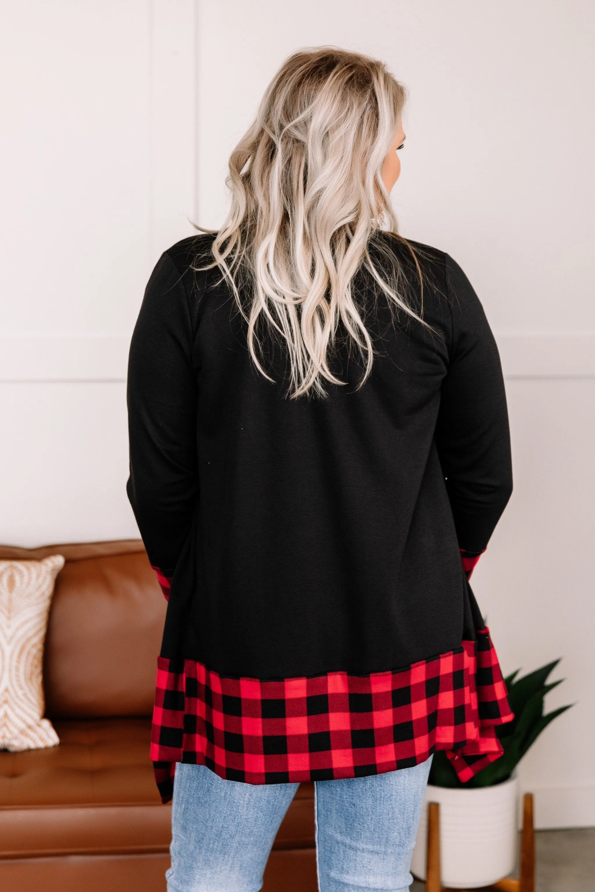 Every Time You Come Around Red Plaid Trimmed Cardigan