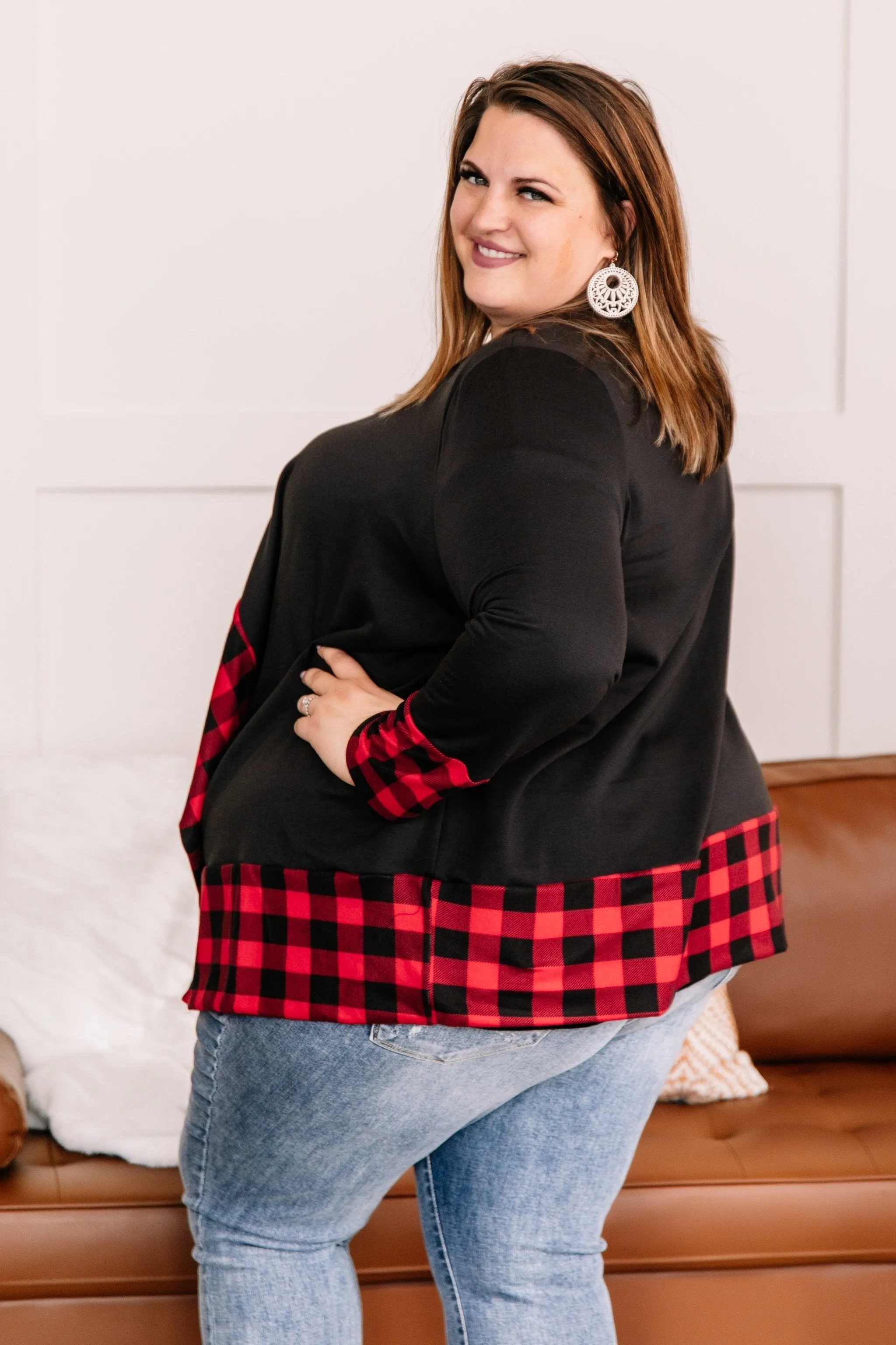 Every Time You Come Around Red Plaid Trimmed Cardigan