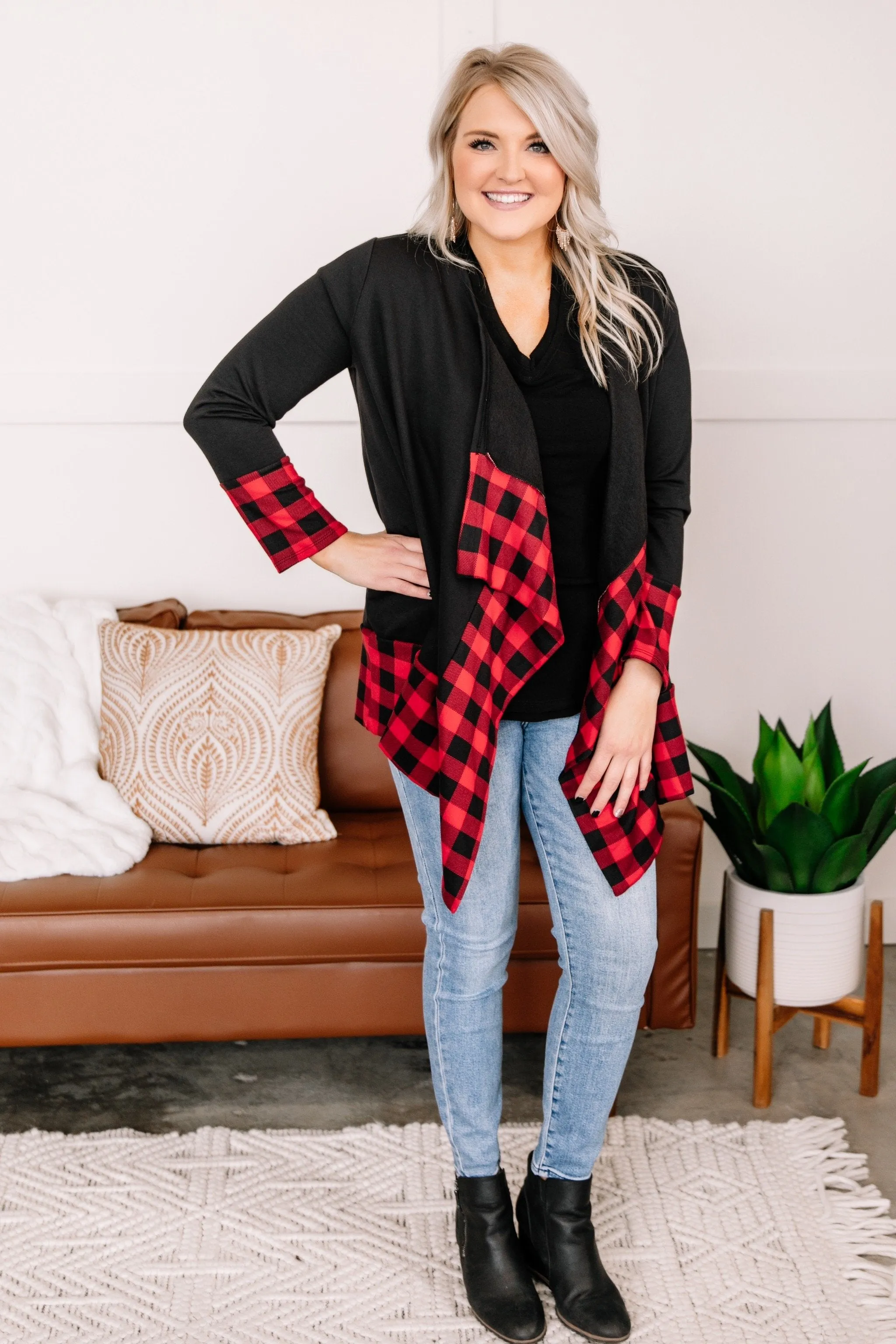 Every Time You Come Around Red Plaid Trimmed Cardigan