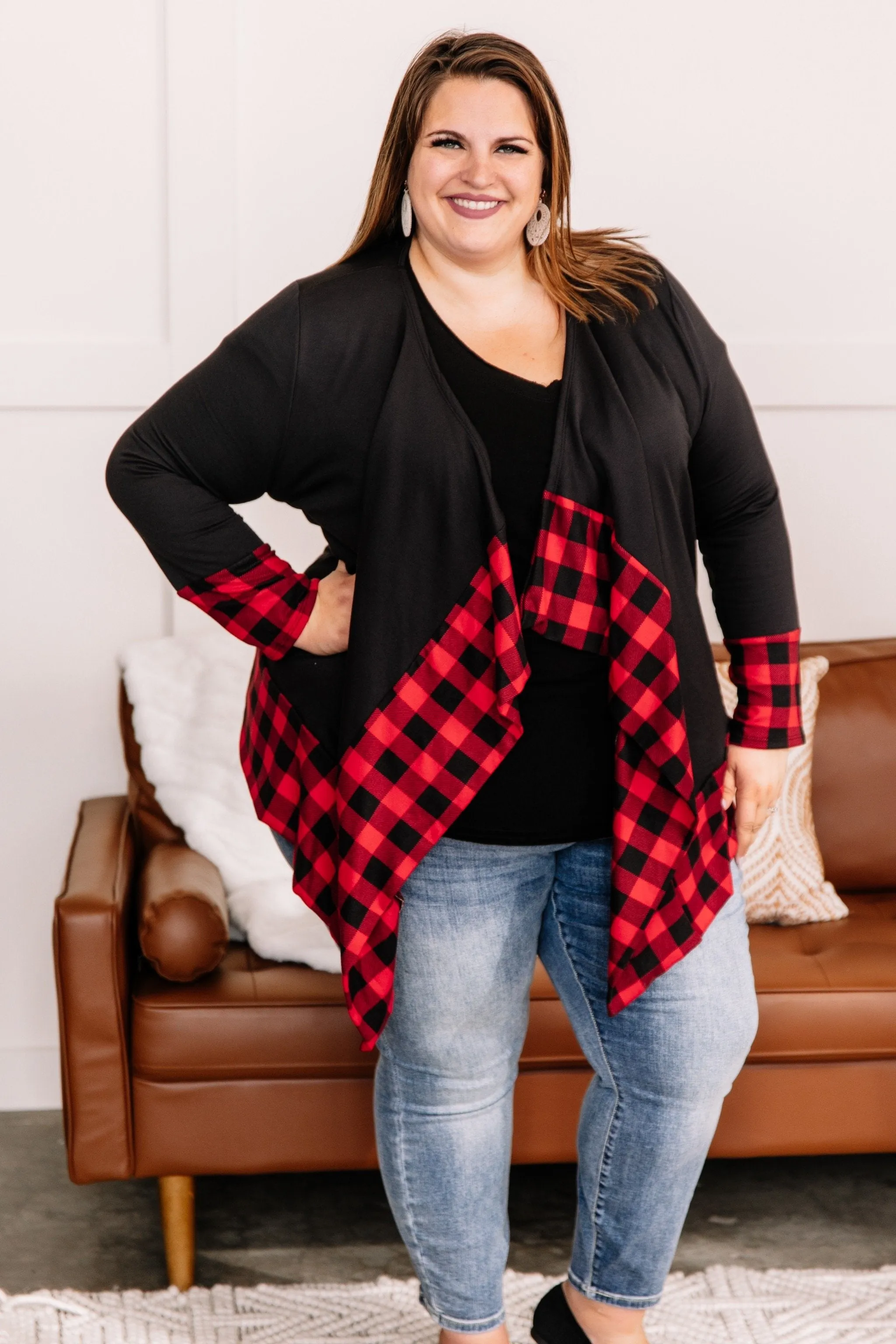 Every Time You Come Around Red Plaid Trimmed Cardigan