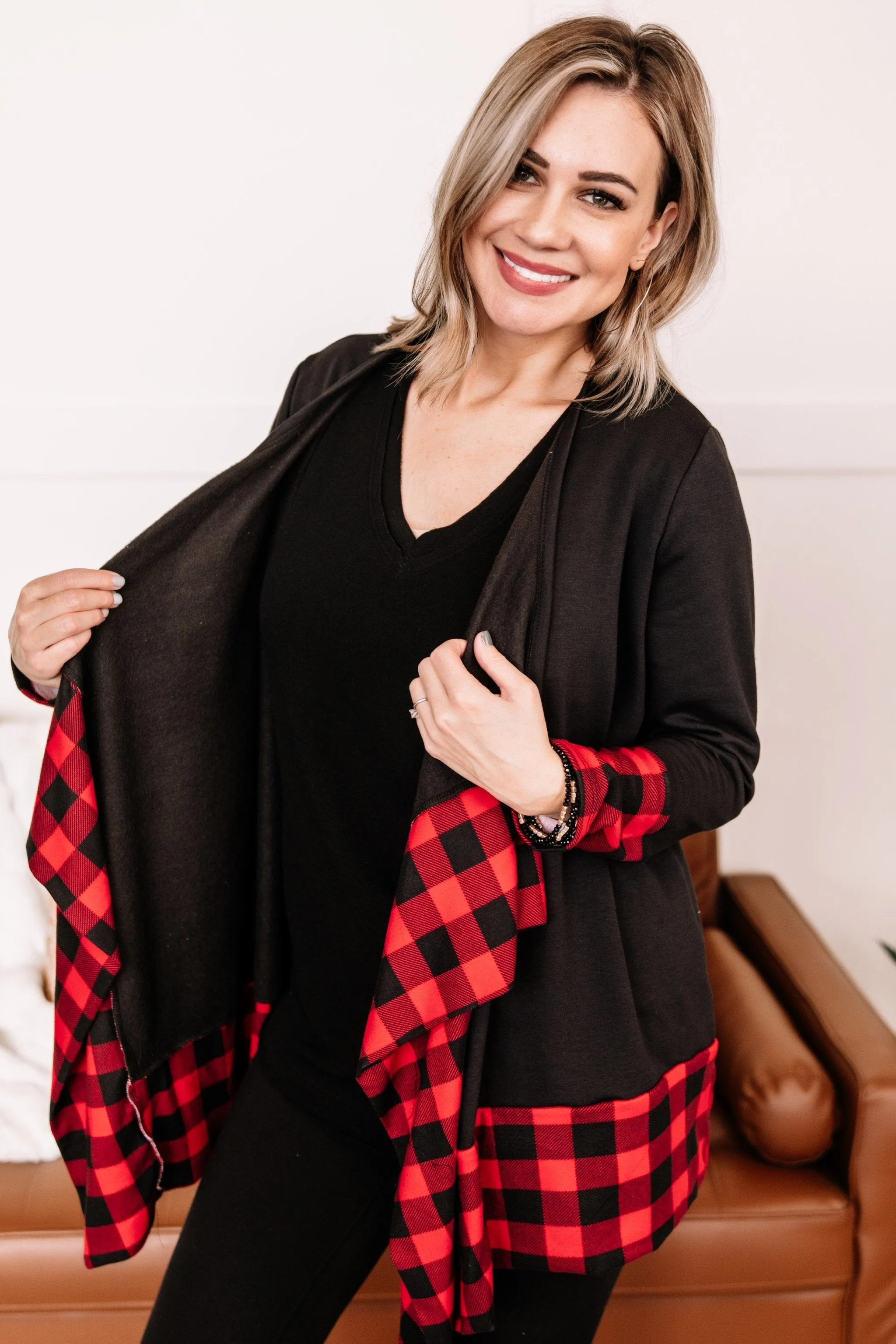 Every Time You Come Around Red Plaid Trimmed Cardigan