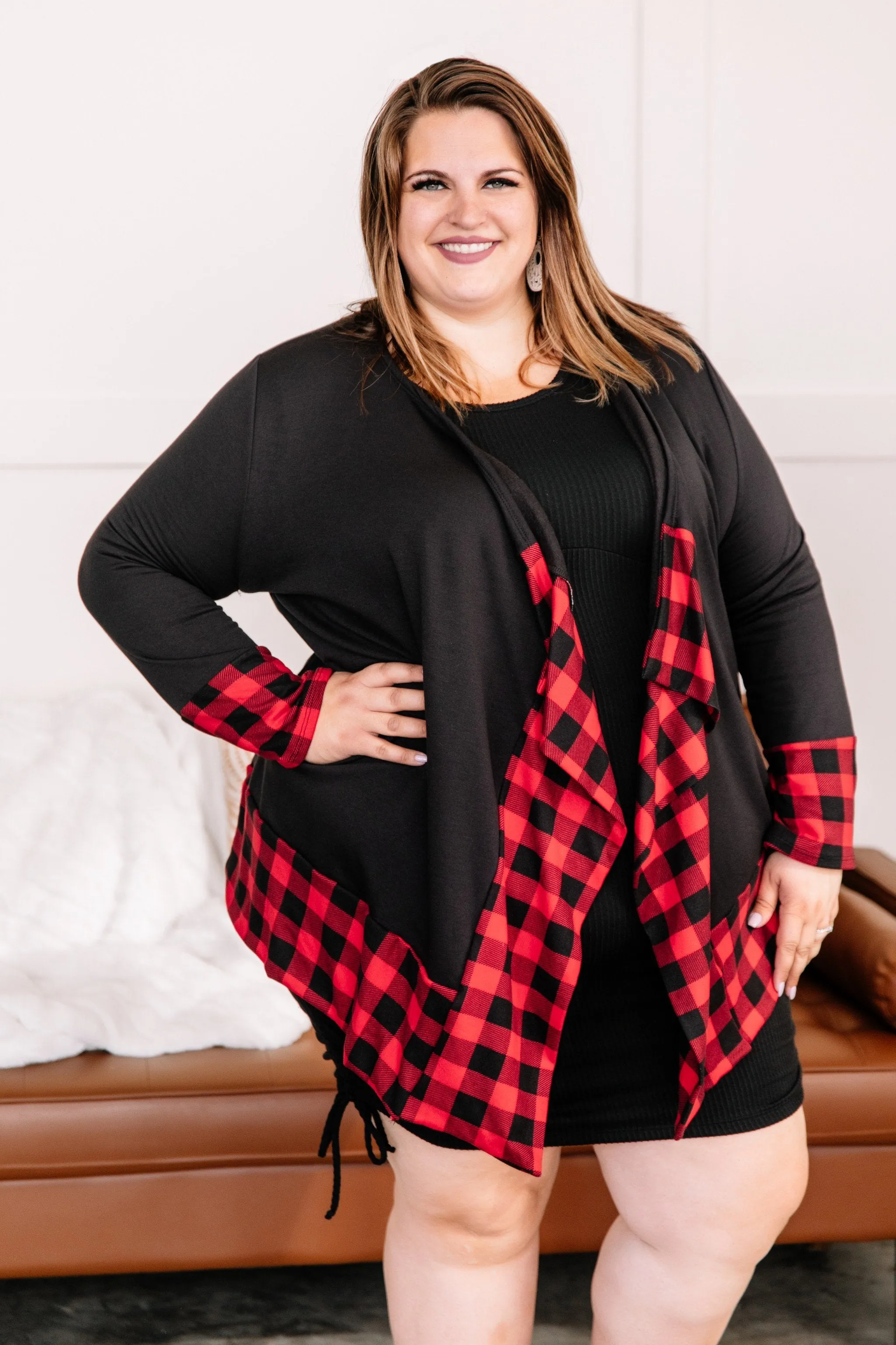 Every Time You Come Around Red Plaid Trimmed Cardigan
