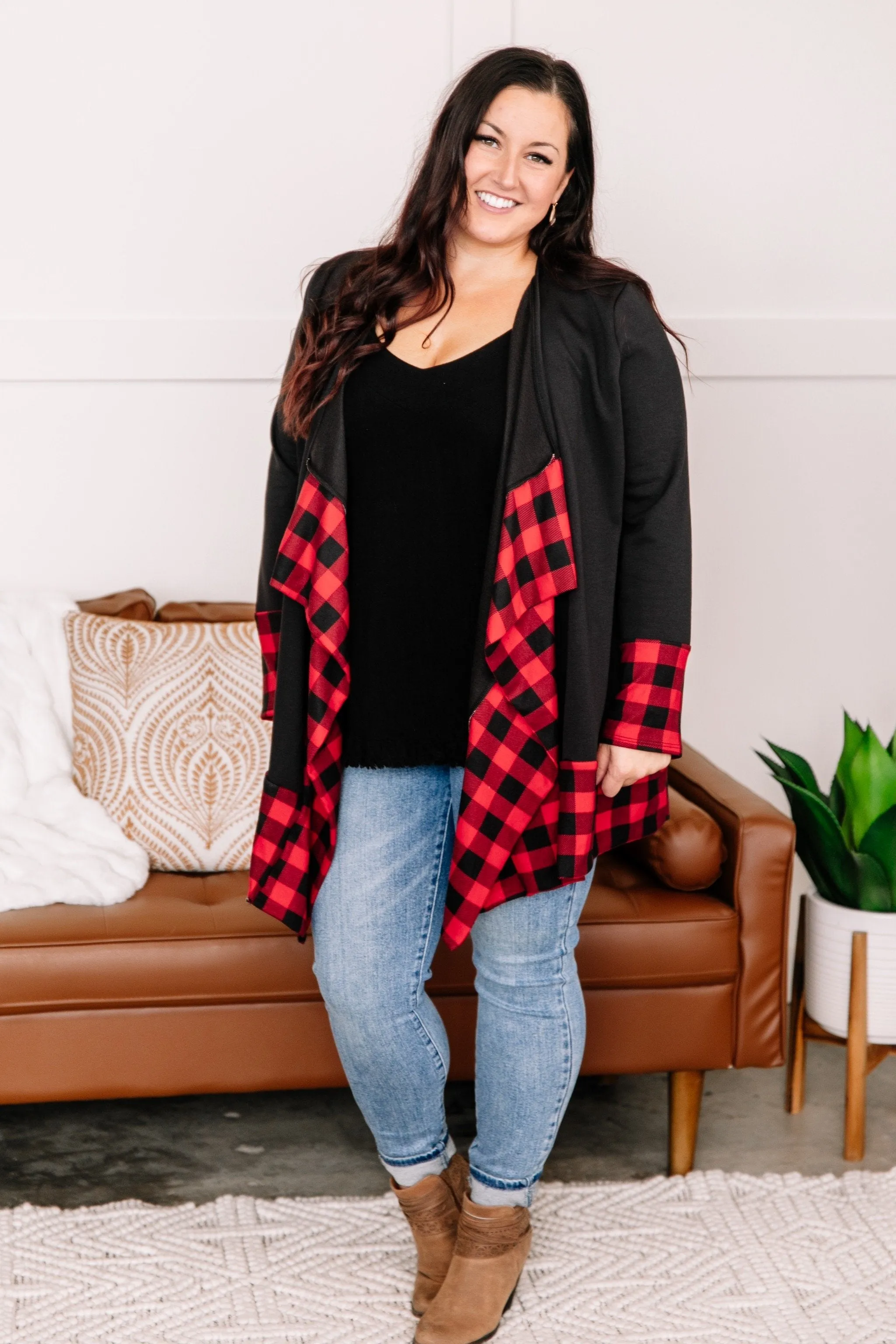 Every Time You Come Around Red Plaid Trimmed Cardigan