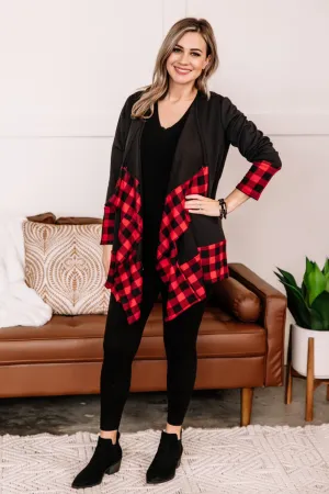 Every Time You Come Around Red Plaid Trimmed Cardigan