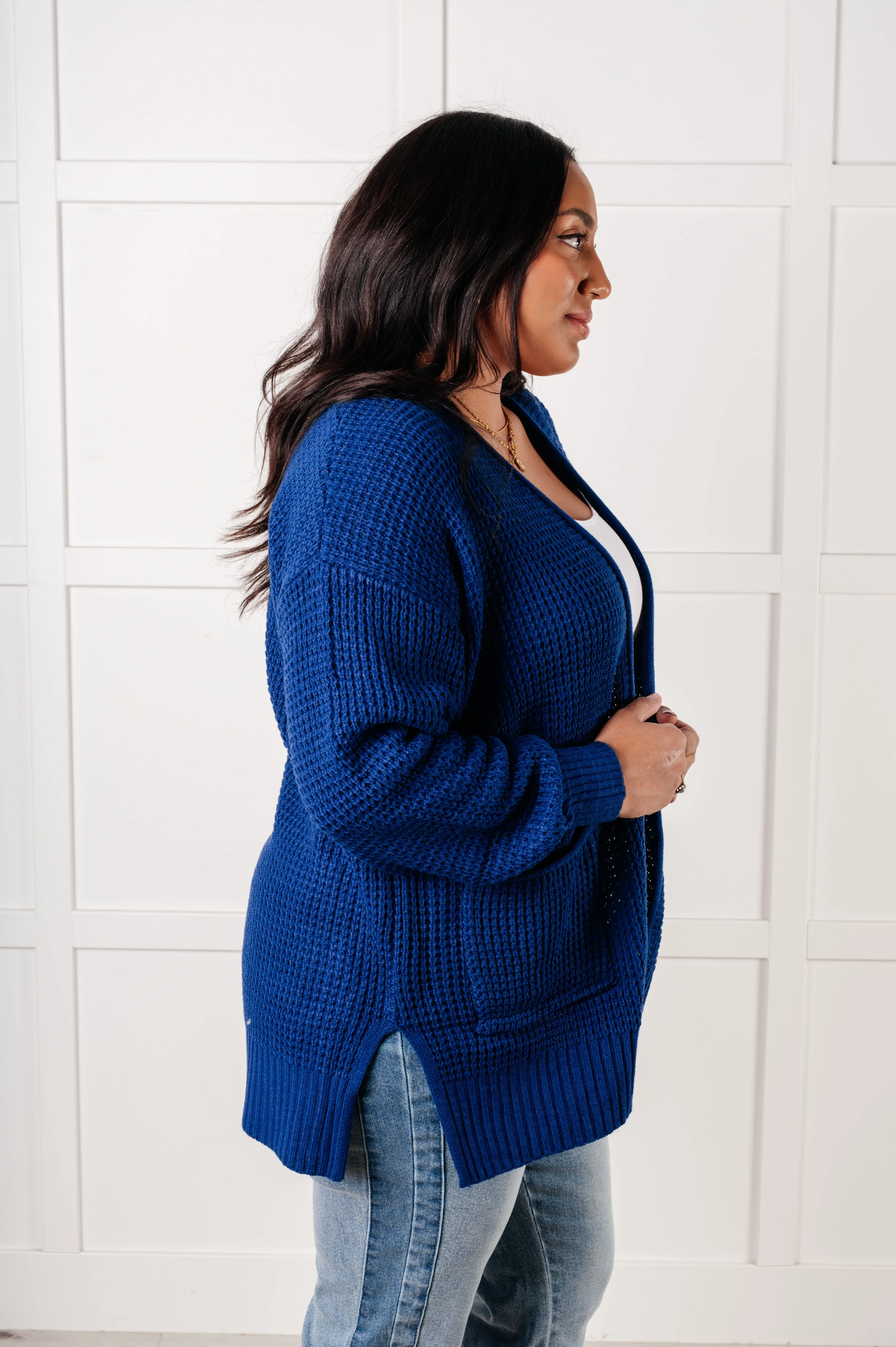 Everything Layered Waffle Knit Open Front Cardigan in Light Navy