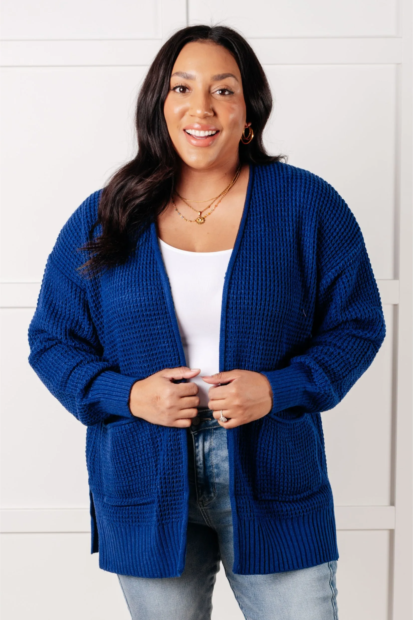 Everything Layered Waffle Knit Open Front Cardigan in Light Navy