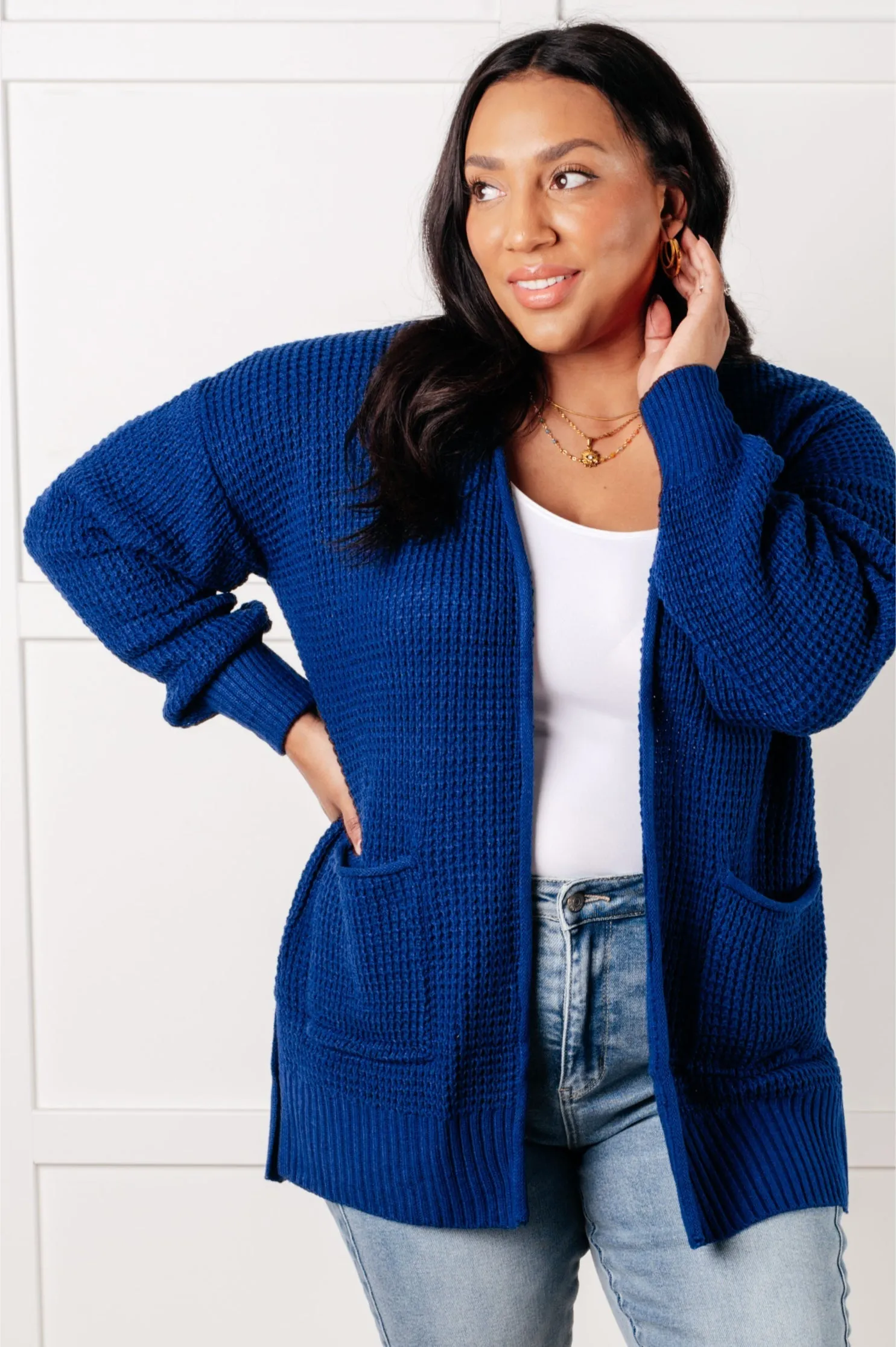 Everything Layered Waffle Knit Open Front Cardigan in Light Navy