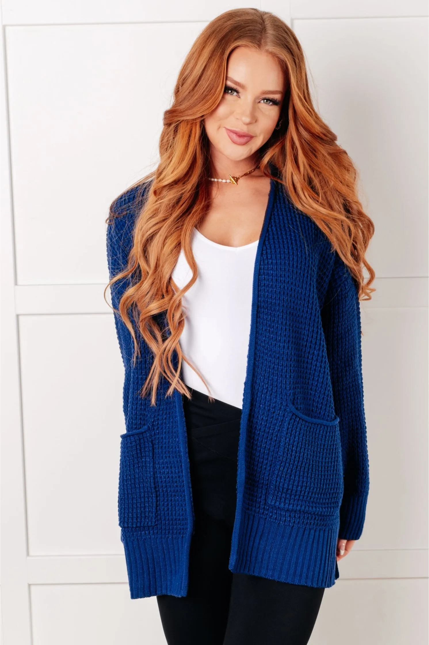 Everything Layered Waffle Knit Open Front Cardigan in Light Navy