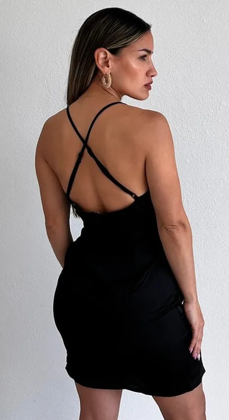 Exquisite Approach Black Satin Mini Dress