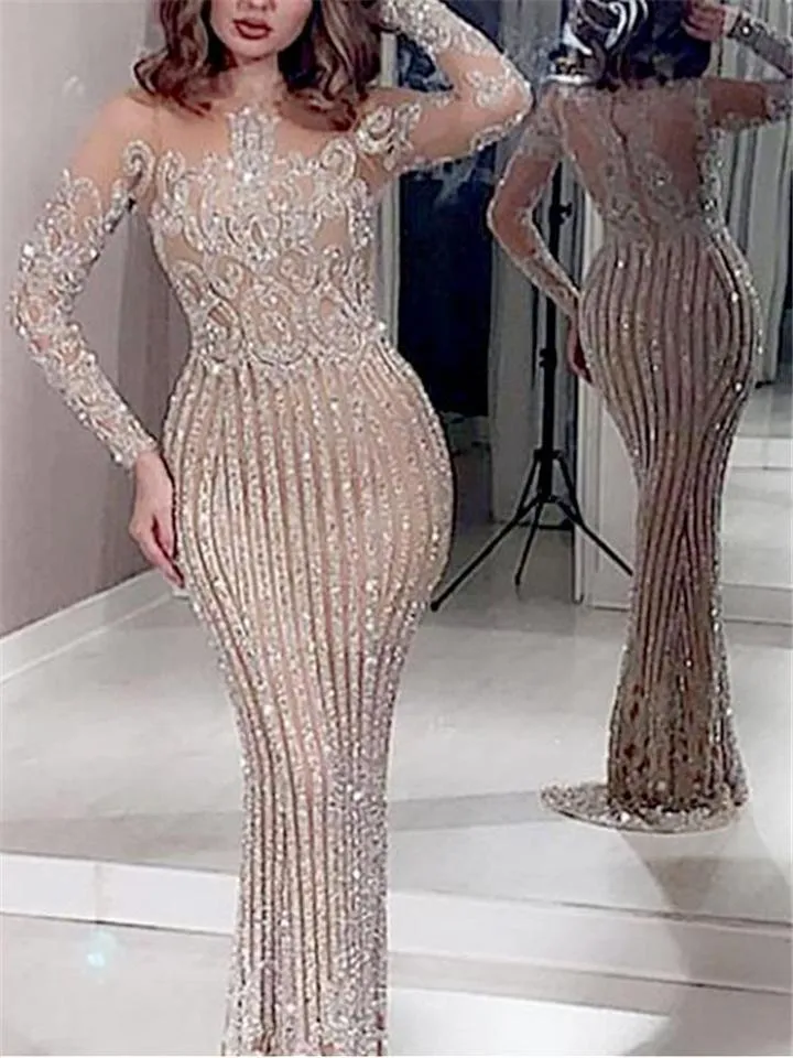 Exquisite Gilding Fitted Waist Long Sleeve Evening Dress