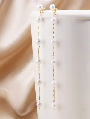 Extra Long 2-in-1 Pearl Earrings, Chain Ear Jackets Bridal Earrings, Long Chain Pear Ear Studs for Weddings, Prom