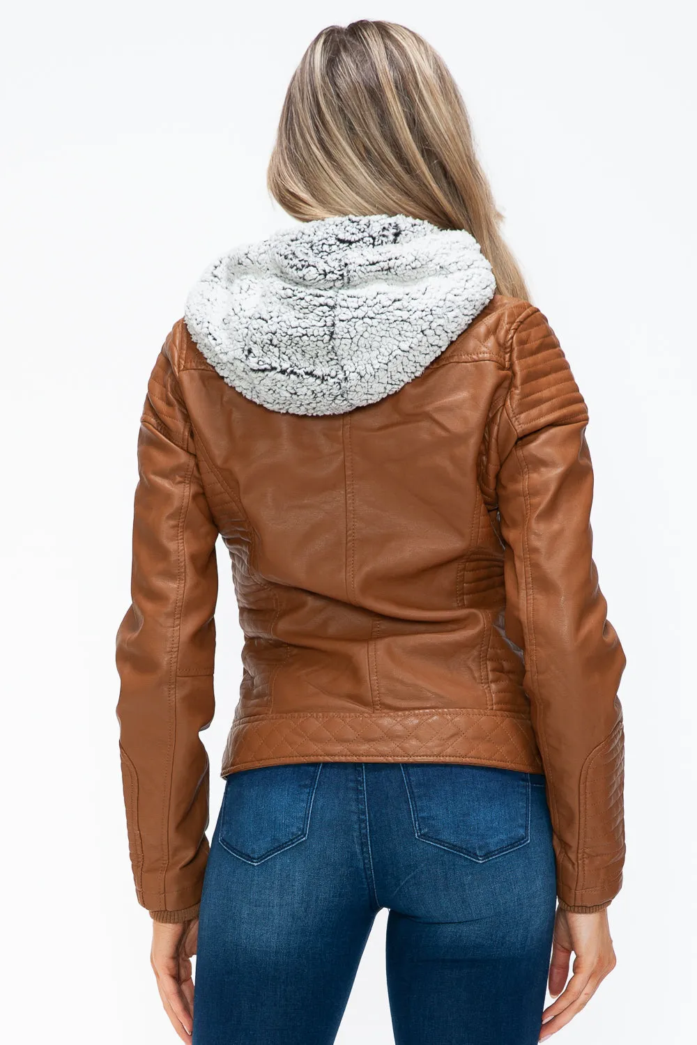 Faux Layered Double-Zipper Jacket with Fuzzy Hood