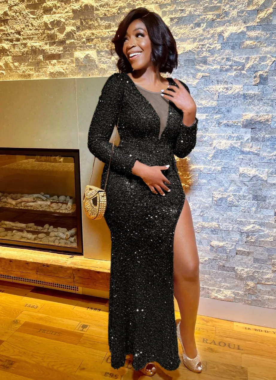 FINAL SALE! Clarissa Luxe- Sequin Long Length Dress (CLEARANCE OUTLET! Final Sale/No Return/No Exchange!)