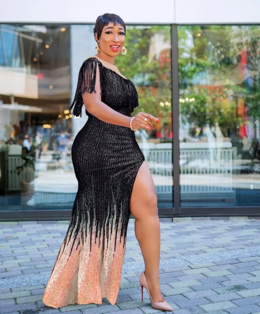FINAL SALE! Diore Glitz Luxe- Sequin High Slit Floor Length Dress (CLEARANCE OUTLET! Final Sale/No Return/No Exchange!)