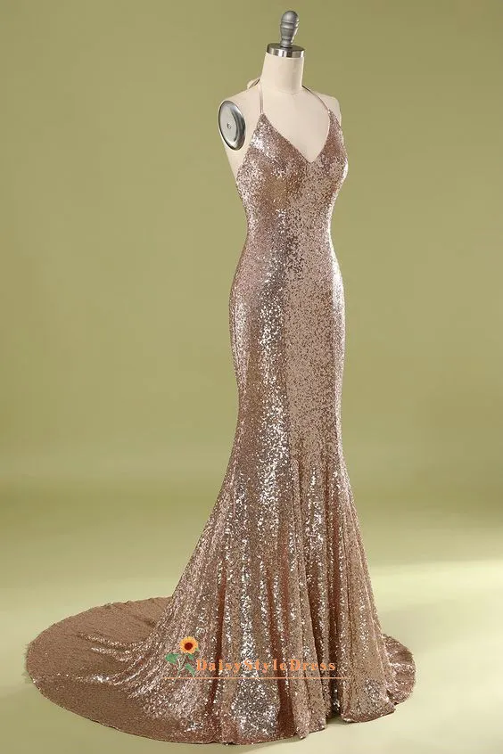 Fitted Champagne Sequins Evening Dress