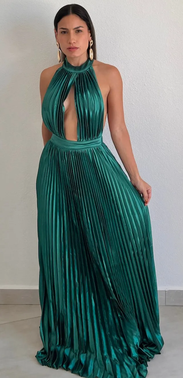 Flawless Expression Emerald Pleated Long Dress