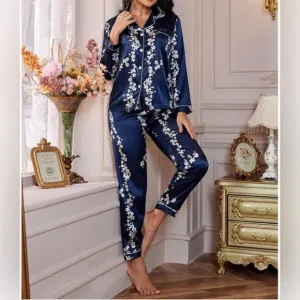 Floral Print Satin Top &amp; Pants PJ Set / Pyjama Set Blue