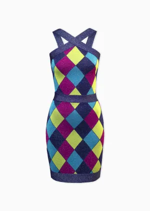 Floretta - Fitted Halter Dress with Metallic Harlequin Design