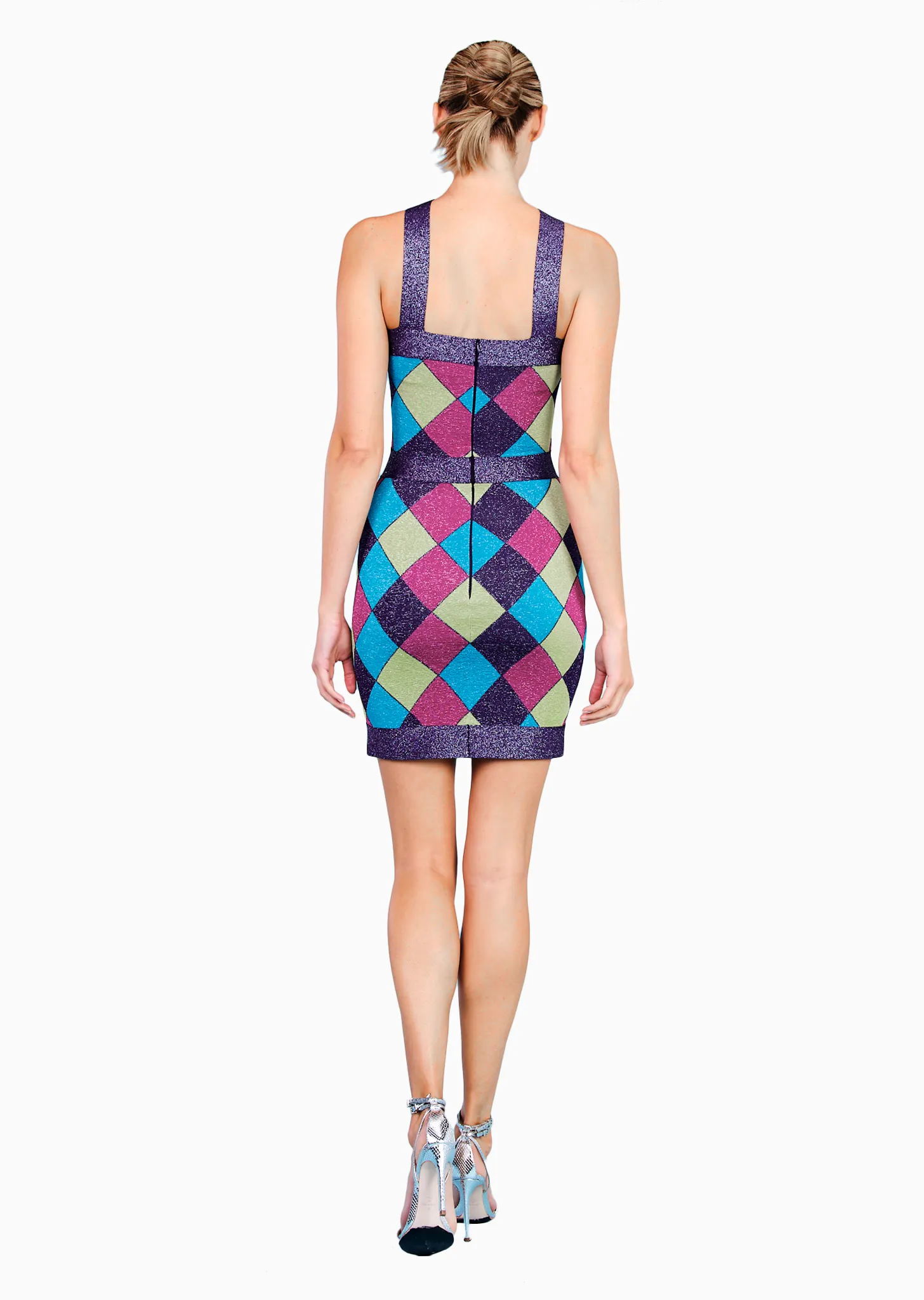 Floretta - Fitted Halter Dress with Metallic Harlequin Design