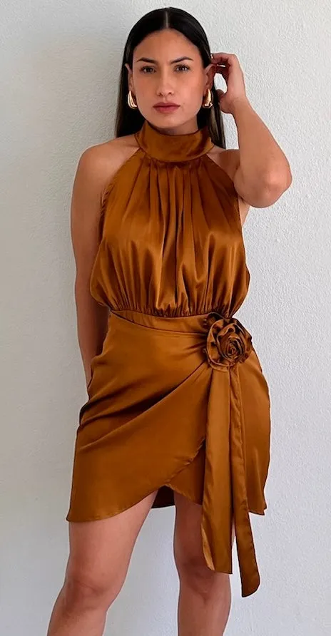 Flower & Glam Bronce Halter Satin Mini Dress