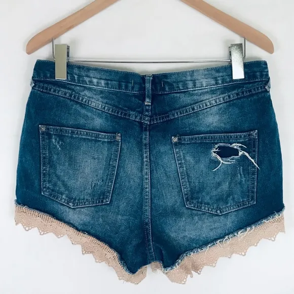 Free People Crochet Lace Trim Denim Cut-off Shorts